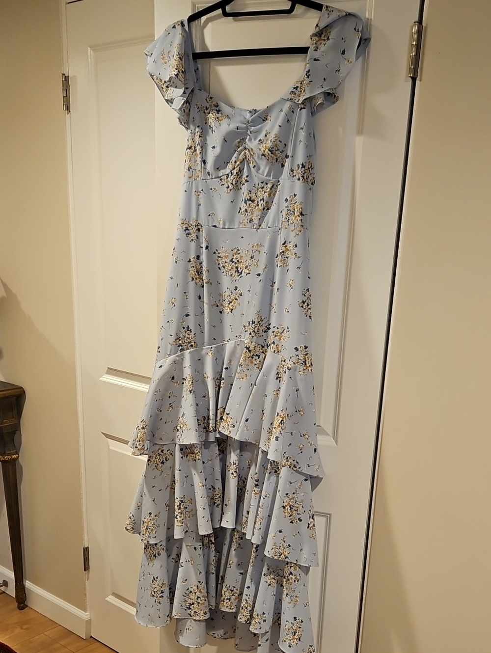 AQUA brand Pale Blue Floral High-Low Ruffle Dress